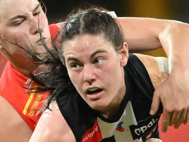 GOLD COAST, AUSTRALIA - AUGUST 31: Alice Burke of the Saints competes for the ball against Daisy D'Arcy of the Suns  during the round one AFLW match between Gold Coast Suns and St Kilda Saints at People First Stadium, on August 31, 2024, in Gold Coast, Australia. (Photo by Matt Roberts/Getty Images)