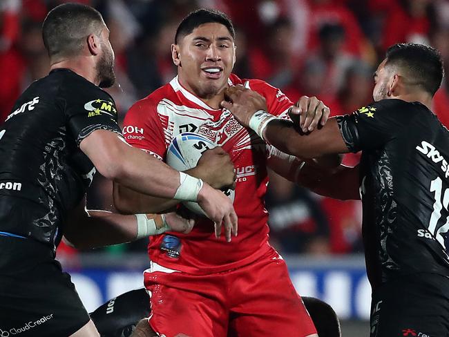 AUCKLAND, NEW ZEALAND - JUNE 22: Jason Taumalolo of Mate Maa Tonga  (C) looks for a gap during the Oceania league test between the Kiwis and Mate Ma'a Tonga at Mt Smart Stadium on June 22, 2019 in Auckland, New Zealand. (Photo by Fiona Goodall/Getty Images)