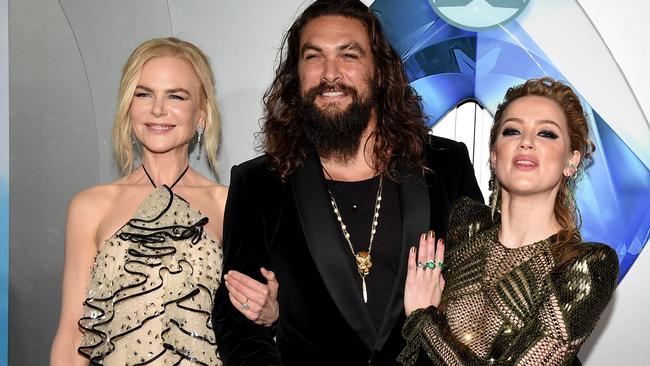 Nicole Kidman, Jason Momoa and Amber Heard at the 2018 premiere of Aquaman. Picture: Kevin Winter/Getty Images.