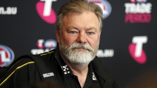 MELBOURNE, AUSTRALIA - OCTOBER 07: Neil Balme, Football Manager of the Tigers speaks with media during the Telstra AFL Trade Period at Marvel Stadium on October 07, 2019 in Melbourne, Australia. (Photo by Dylan Burns/AFL Photos via Getty Images)