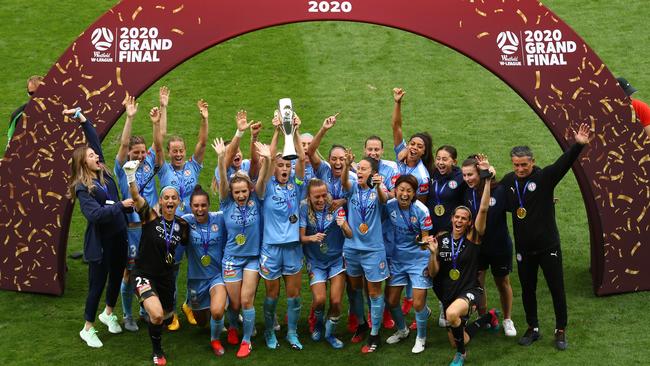 Melbourne City celebrate after winning the 2020 W-League Grand Final match between Melbourne City and Sydney FC at AAMI Park on March 21. Picture: Getty Images