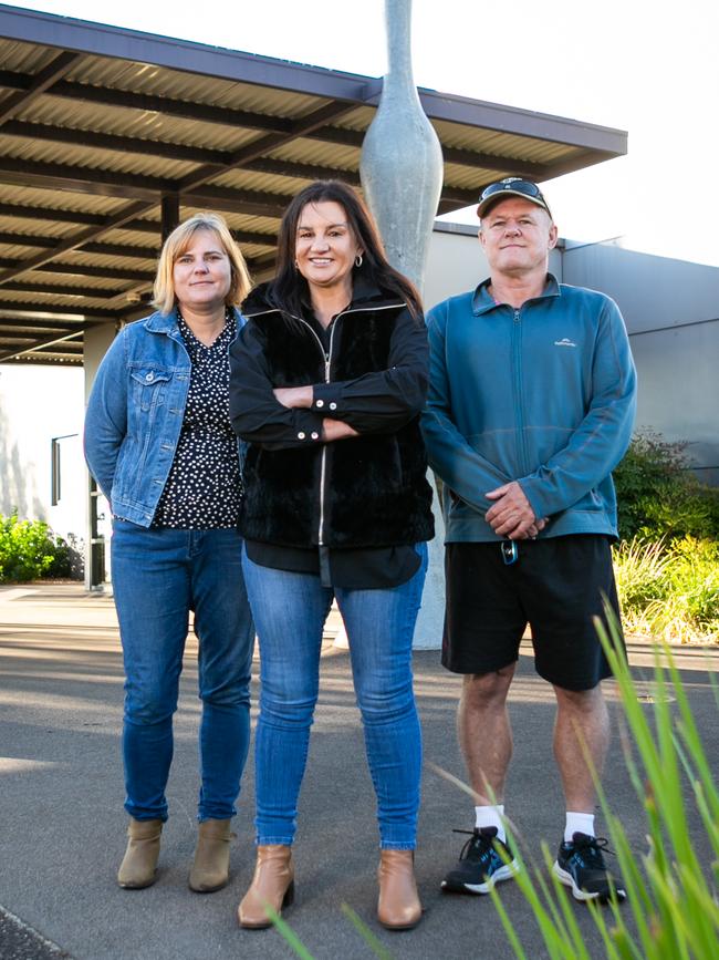 Lambie Network candidates for Braddon, Miriam Beswick and Craig Cutts, are joined by Senator and party leader Jacqui Lambie as they cast their vote at Reece High School in Devonport in the 2024 Tasmanian State Election. Picture: Patrick Gee