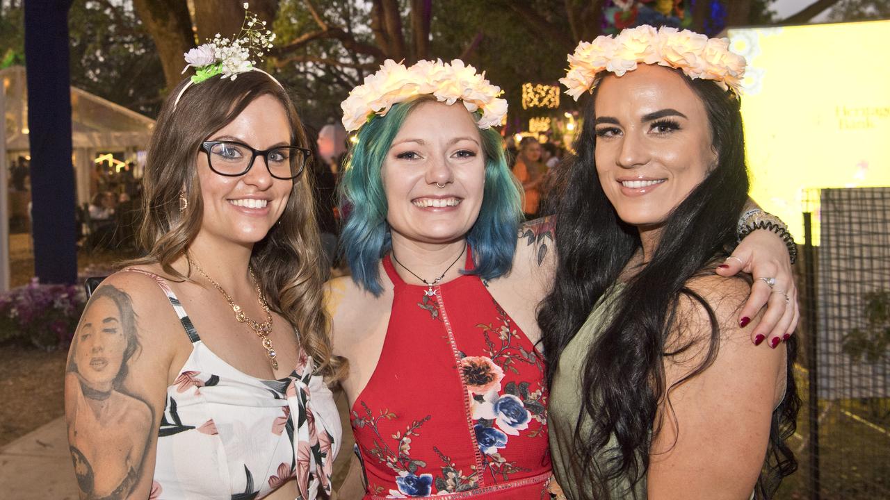 (from left) Risque Riley, Kayla Schmidt and Hannah Lucas at the Heritage Bank Festival of Food and Wine. Picture: Nev Madsen.