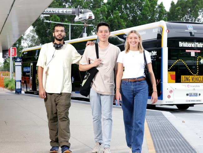 Future Brisbane - L to R, Aviral Sharma from St Lucia, Brandon Loon from Toowong, Ava Kenafake from Sheldon, with the Brisbane Metro Electric Bus, at UQ St Lucia - on Tuesday 12th of November 2024 - Photo Steve Pohlner