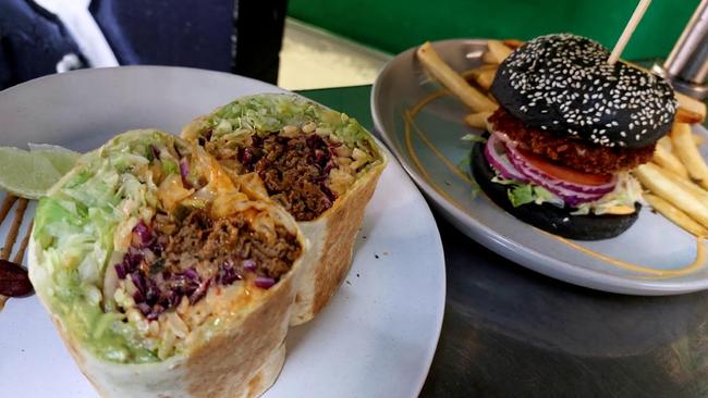 The Mex-Kor burrito is Calaveras' most popular dish featuring spicy Korean beef wrapped in the fresh flavours of a Mexican burrito. The fried chicken burger on a charcoal bun with chips, is also a hit with customers.