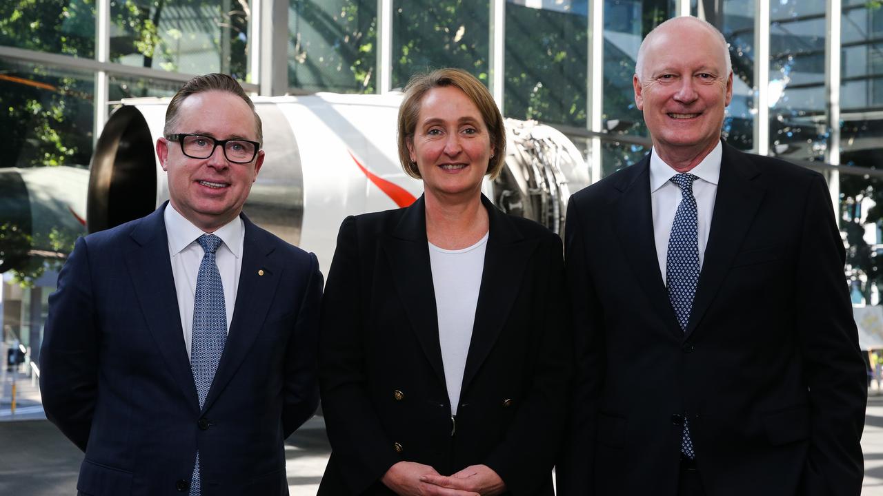 Former CEO Alan Joyce, CEO Vanessa Hudson and Chair Richard Goyder. Picture: NCA Newswire / Gaye Gerard