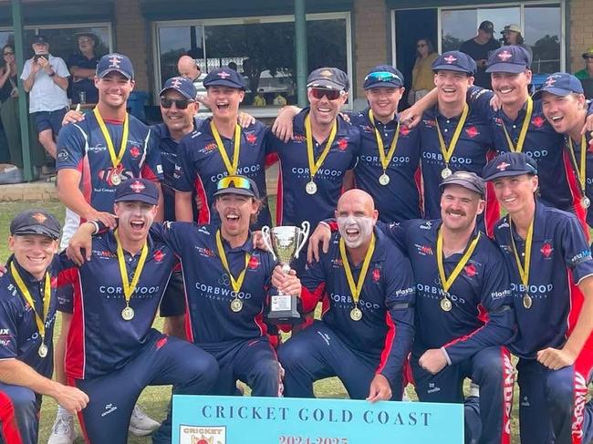 Mudgeeraba Nerang and Districts celebrate the 2024/25 Cricket Gold Coast one day premiership. Picture: Facebook.