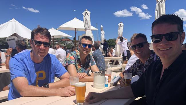 (Left to right) Northern beaches locals Matthew Clark, Glen Male, Damien Cook and Nathan Cooksley at the Manly Wharf Bar for the 2022 Melbourne Cup event. Picture: Jim O'Rourke