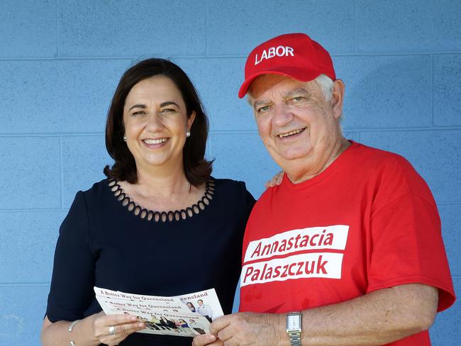 ### QUEST TO PRINT FIRST ON 4/2/15 ### Leader of the Opposition and Member for Inala Annastacia Palaszczuk with her father Henry Palaszczuk who formerly held the seat, election day, Richlands East State School polling booths. Photographer: Liam Kidston.