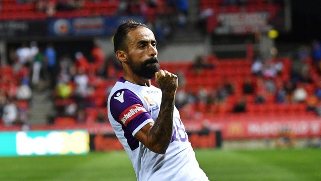 Diego Castro of Perth Glory celebrates after scoring. Picture: AAP Image/David Mariuz