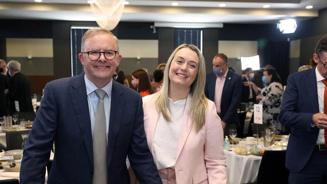 Anthony Albanese with his new partner Jodie Haydon at the National Press Club in Canberra. Picture: NCA NewsWire / Gary Ramage