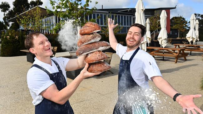 The Lane Vineyard chefs Tom Robinson (left) and Cameron Ahl (right) with thre restaurant’s famous sourdough. Picture: Keryn Stevens