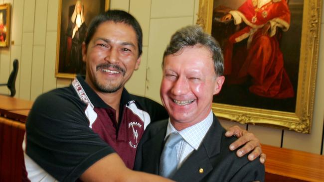 Aboriginal activist Murrandoo Yanner meets with Chief Justice Paul de Jersey at the Supreme Court. Picture: Nathan Richter