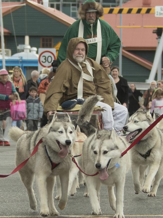 Dog sled team in full flight at a previous Australian Antarctic Festival in Hobart. Picture: Mithun Rajshekar