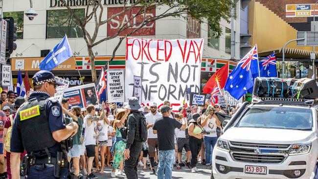 The Freedom Rally in the Brisbane CBD on Saturday. Picture: Richard Walker