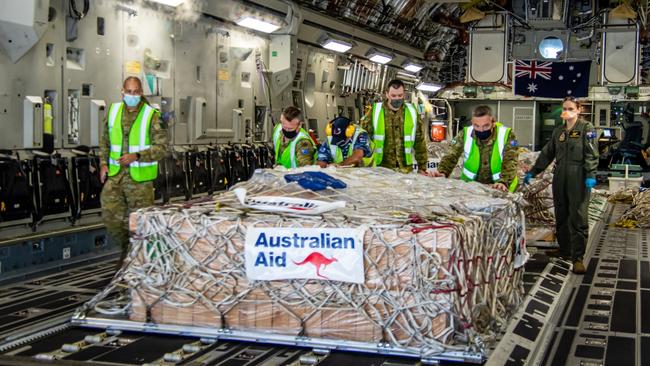 Humanitarian aid is unloaded at Port Moresby amid PNG’s Covid crisis. Picture: Supplied