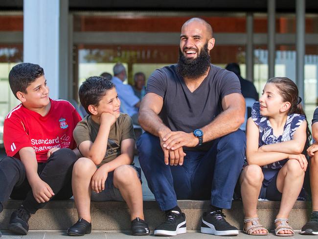 Bachar Houli pictured at the Australian Islamic Centre with L to R Amani El Kurdi, Marwan Abdul Hamid, Dawud Kerdi, Sarah Khodr, Jamal Hawli and Bilal Hawli to announce an $850,000 grant to build multicultural centre at the site in Newport. Picture: Mark Stewart