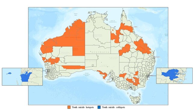 A map of suicide hotspots and coldspots compared to mental health service access. Picture: Supplied