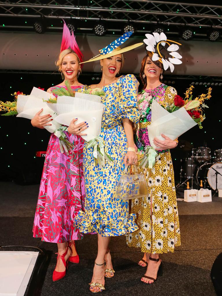 Tatiana Hoffman winner ( Centre) Fashions on the Field with runner ups Hannah Farmer (L) and Tiffany Parsnell at Bridge Toyota Ladies Day. Picture: GLENN CAMPBELL