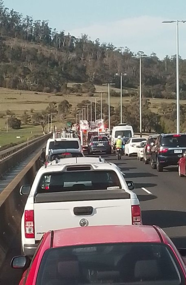 Traffic banked up on the Bowen Bridge as a result of the fatal crash. Picture: Percy Ford