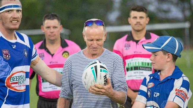 HONOURED: As a mark of respect, and support, Mr Brandon was pulled out onto the field and presented with a signed football during the first clash between his former clubs Beerwah and Maroochydore last week. Picture: Richard Goldsworthy