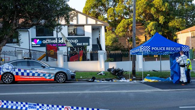 A motorcyclist has died of his injuries after colliding with a telegraph pole in Strathfield on Monday afternoon. Picture: Tom Parrish