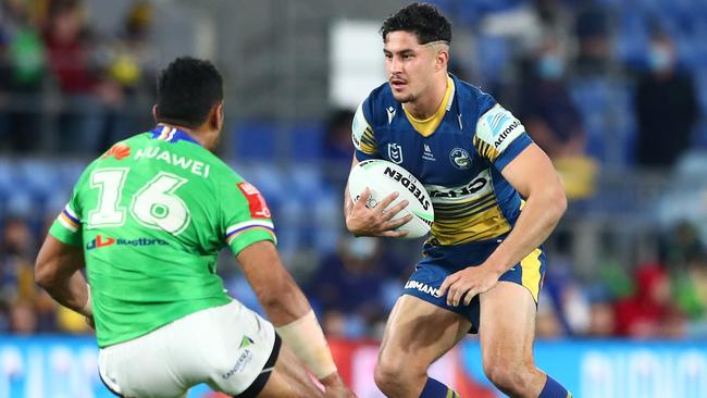 Dylan Brown scored the Eels’ opening try against the Raiders. Picture: Chris Hyde/Getty Images