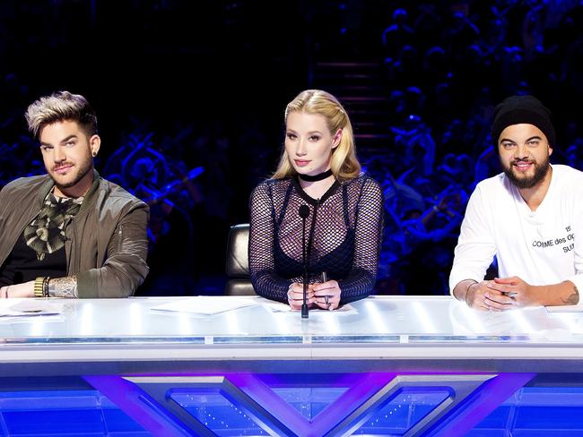 Sebastian on The X Factor judging panel with (from left) Adam Lambert and Iggy Azalea.