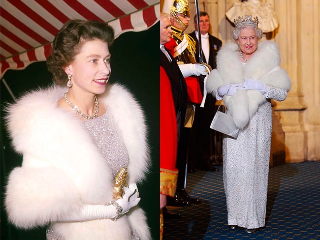 Left: Commonwealth visit to Pakistan, 4th February 1961. Right: Arriving at the palace of Westminster for the opening of Parliament. 13 November, 2002