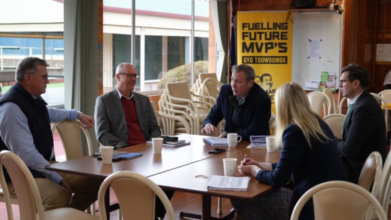 At the inaugural quarterly Toowoomba leaders meetings at the City Bowls Club, state Toowoomba North MP Trevor Watts, state Condamine MP Pat Weir, federal Groom MP Garth Hamilton, Toowoomba deputy mayor Rebecca Vonhoff and mayor Geoff McDonald.