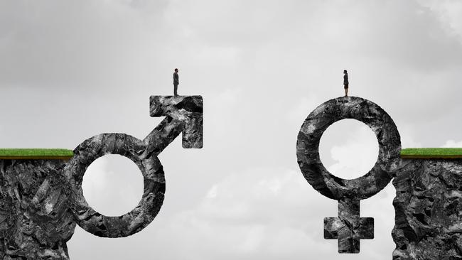 Gender gap idea and sex inequality or equality concept as a male and female symbol shaped into a mountain cliff as a metaphor for pay or wages inequity or divorce in a 3D illustration style.