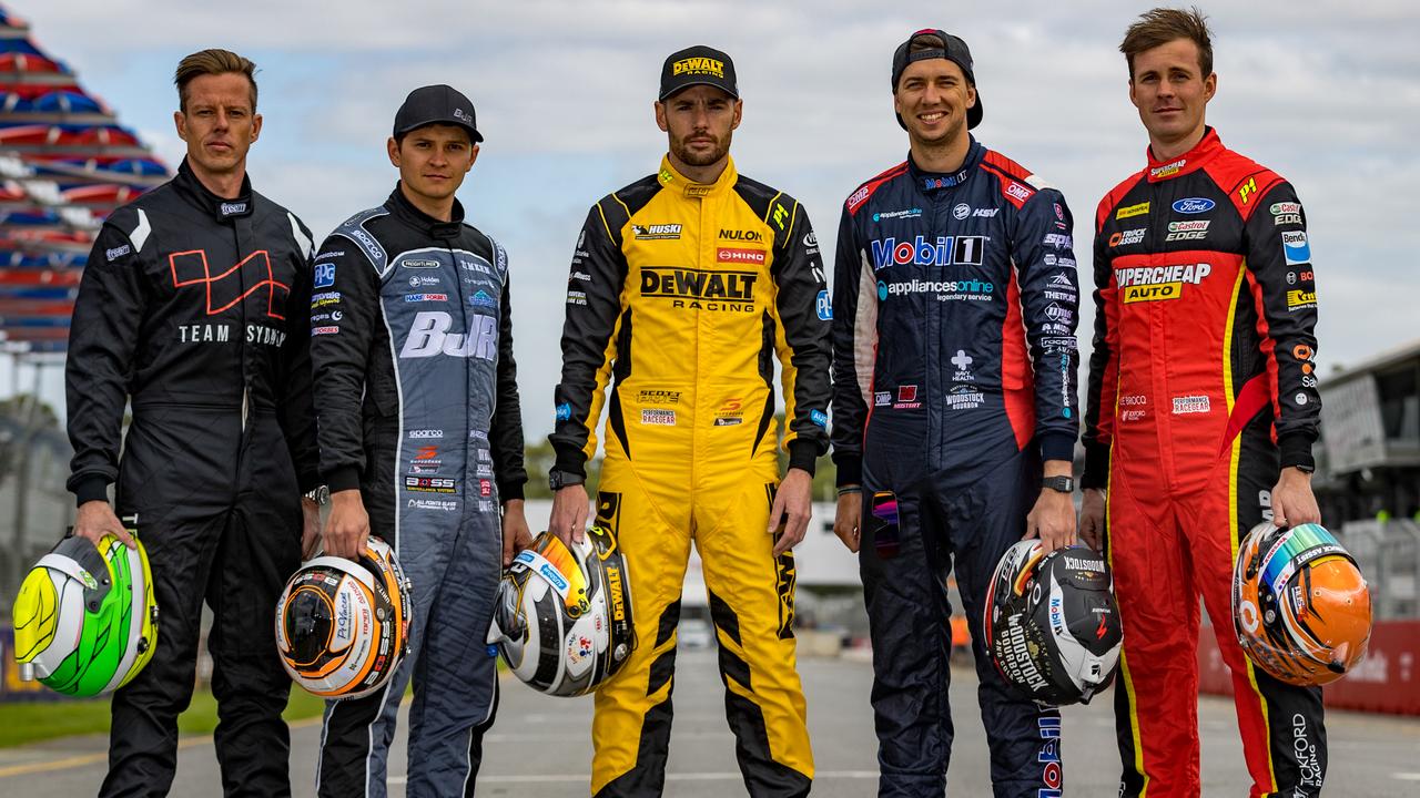 Supercars drivers James Courtney, Todd Hazelwood, Scott Pye, Chaz Mostert and Jack Le Brock with their team colours ahead of the 2020 Superloop Adelaide 50. Supplied by Mark Horsburgh, Edge Photographics