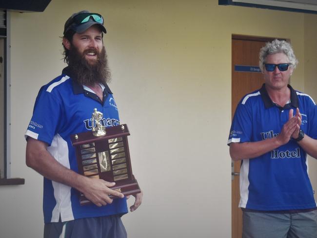 Ulmarra Hotel Tucabia Copmanhurst captain Brad Chard was awarded player of the final by teammate and Clarence River Cricket Association president Derek Woods for his returns of 5 for 38 off 16.1 overs, and 47 not out in an unbeaten 70-run 10th wicket partnership with Taine Riley (20no) to put the result beyond doubt in the Clarence River Cricket Association 2020/21 GDSC Premier League grand final against minor premiers Brothers Clocktower Hotel at Ellem Oval on Sunday, 28th March, 2021.