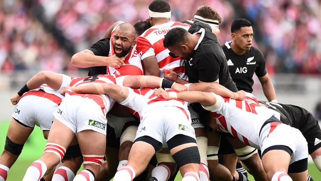 Michael Leitch of Japan shouts in the scrum during a Test against the All Blacks in Tokyo.