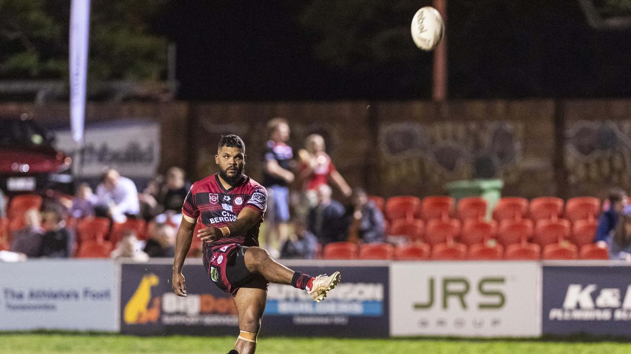 Dwayne Duncan kicks a penalty goal for Valleys against Gatton in TRL Hutchinson Builders A-grade grand final rugby league at Toowoomba Sports Ground, Saturday, September 14, 2024. Picture: Kevin Farmer