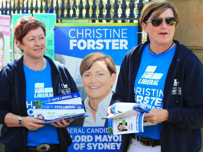 Virginia Edwards campaigning with partner and liberal candidate Christine Forster at Bourke St Public School today during the local Government election. Picture: Adam Taylor