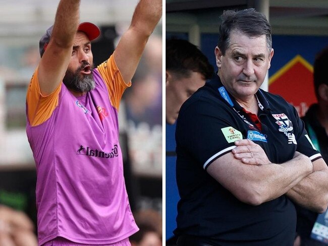 Former Suns runner Rhyce Shaw and St Kilda coach Ross Lyon. Photos: Michael Klein/Getty Images