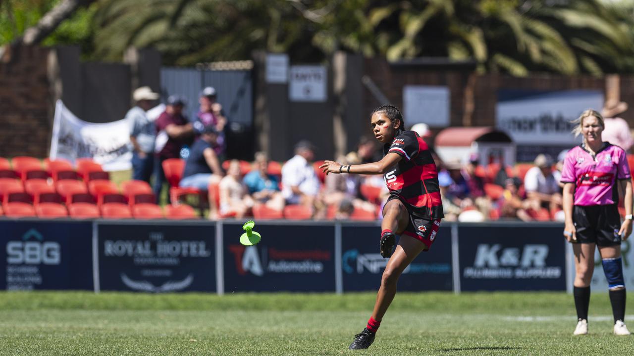 Sedeequa Clevin converts for Valleys against Brothers in U15 girls Toowoomba Junior Rugby League grand final at Toowoomba Sports Ground, Saturday, September 7, 2024. Picture: Kevin Farmer