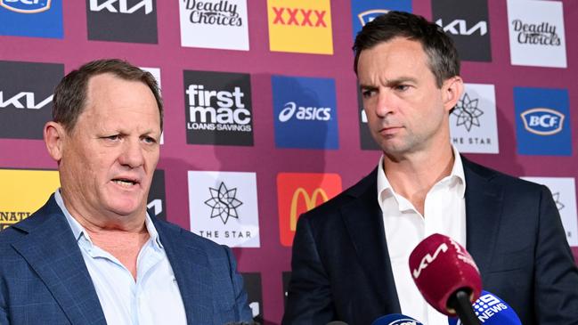 BRISBANE, AUSTRALIA - SEPTEMBER 27: Sacked coach Kevin Walters and CEO Dave Donaghy speak to the media during a Brisbane Broncos NRL press conference at Clive Berghofer Field on September 27, 2024 in Brisbane, Australia. (Photo by Bradley Kanaris/Getty Images)