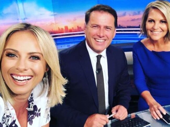 Georgie Gardner at her first day at work with co-host Karl Stefanovic and Sylvia Jeffreys. Picture: Instagram/Sylvia Jeffreys