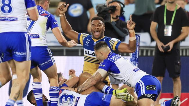 Maika Sivo celebrates a try in the Eels’ big win. Picture: Mark Evans/Getty Images