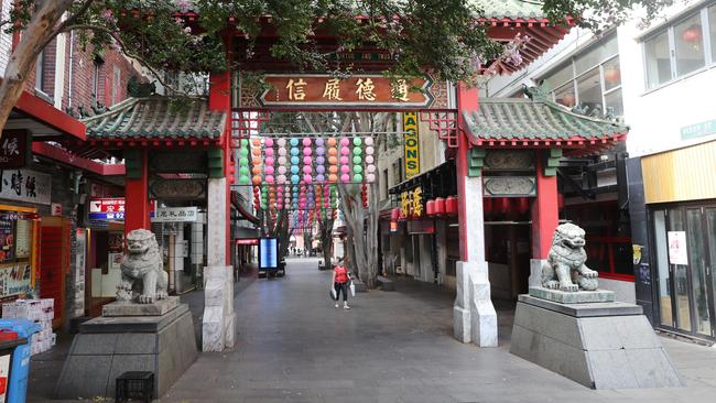 Normally bustling with activity, Sydney’s Chinatown is quiet. Picture: Richard Dobson