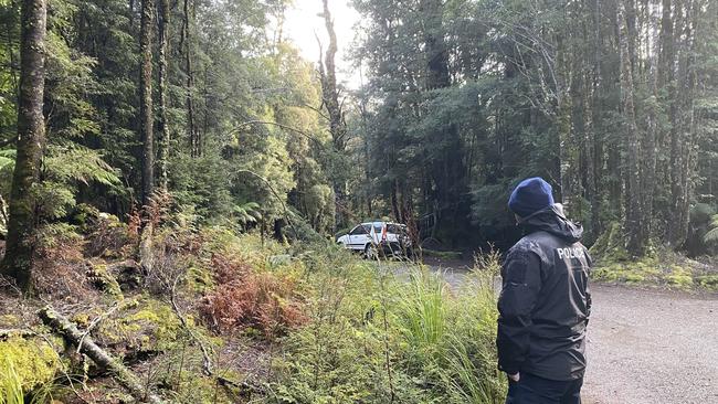 Search site at the entrance to Philosopher Falls, near Waratah, for missing Belgian tourist Celine Cremer. Her abandoned car is pictured. Picture: Tasmania Police