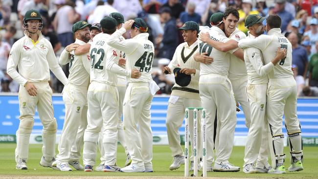 Australia players celebrate after beating England. Picture: AP