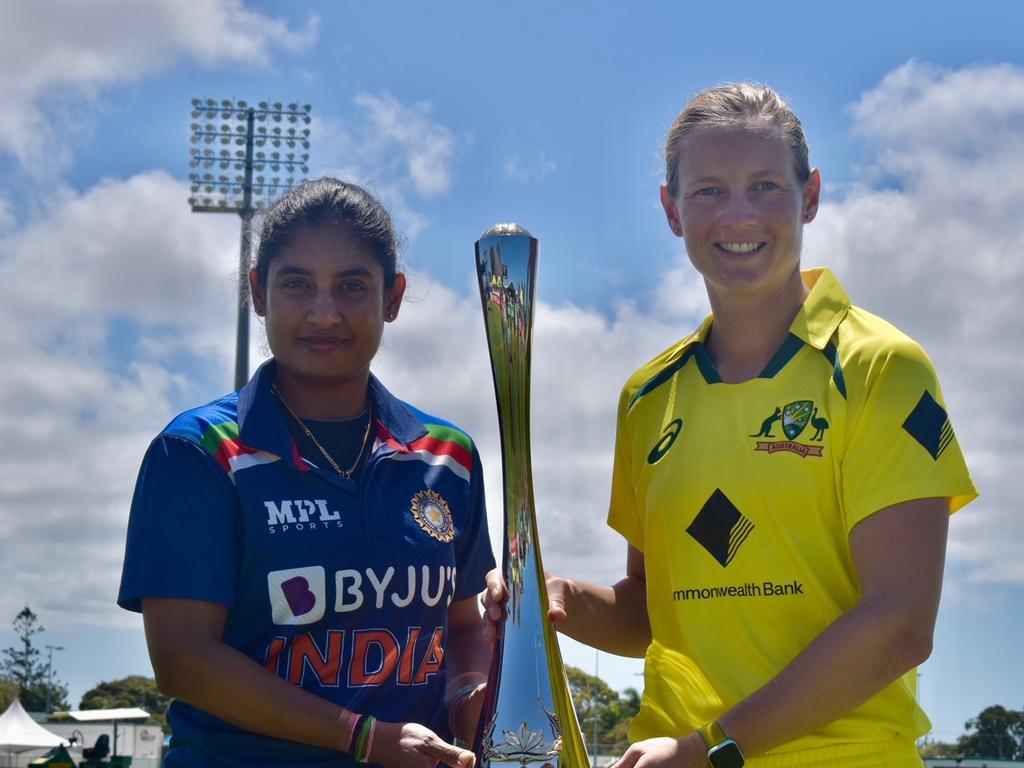 Mithali Raj (left) and Meg Lanning before the three-match ODI series to be played in Mackay at the Great Barrier Reef Arena, September 20, 2021. Picture: Matthew Forrest