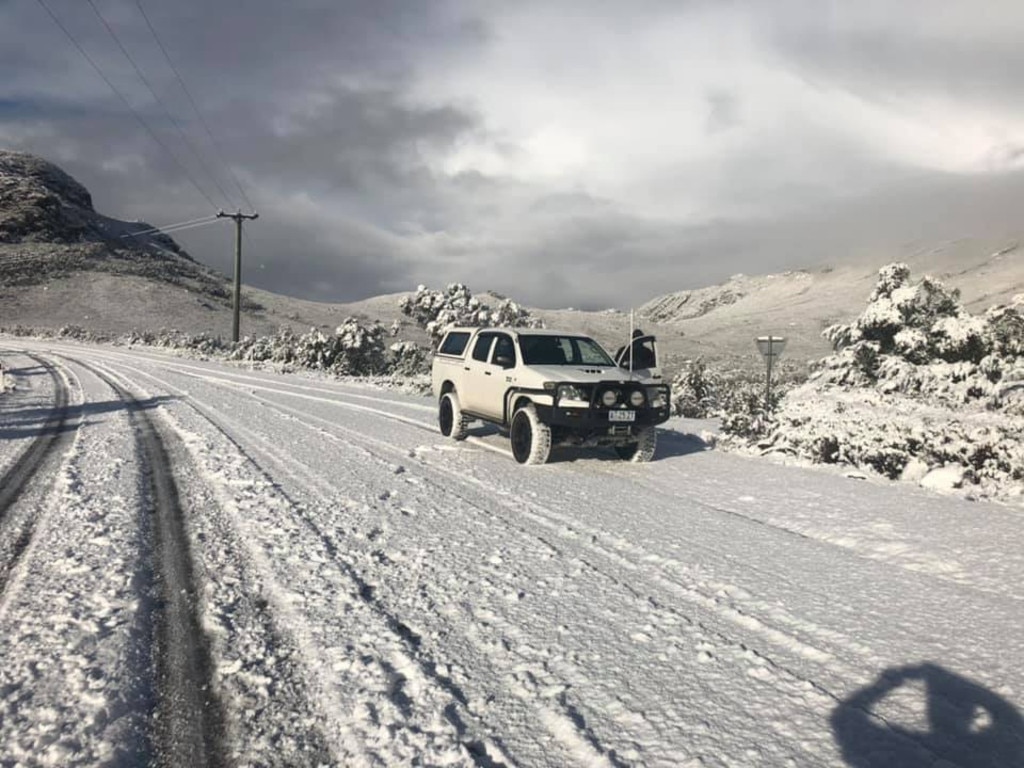 Snow on road to West Coast. Picture JARROD MOORE