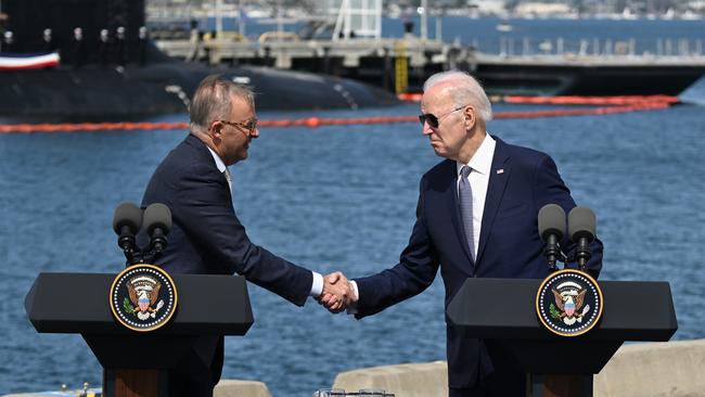 Anthony Albanese and Joe Biden at Naval Base Point Loma in San Diego, California, on Tuesday. Picture: Getty Images