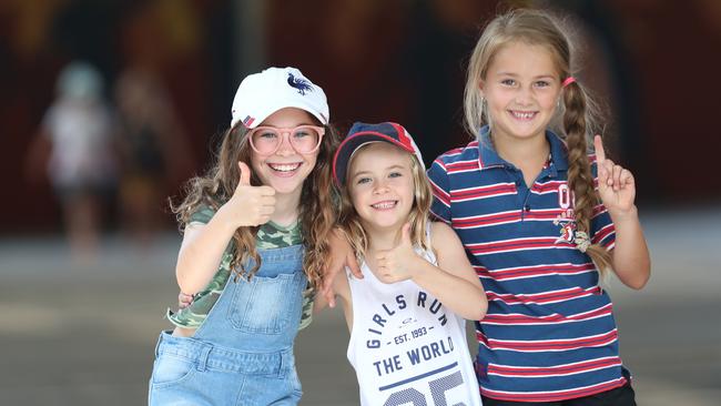 Sisters Shyla, 9, and Leylani, 6, with Zahli Callaghan, 8, at Central Coast Roosters Gala Saturday 29th February 2020 at Tuggerah Lakes Secondary College The Entrance campus. Picture: Sue Graham