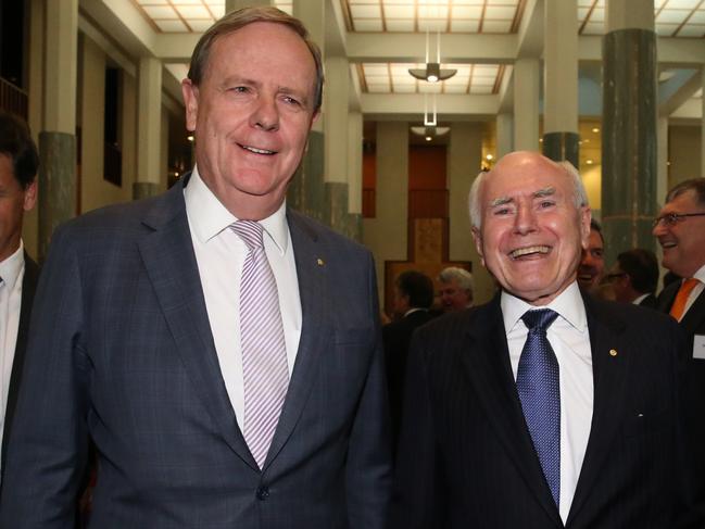 Peter Costello and John Howard  attend a gala dinner at Parliament House, Canberra,  celebrating the 20th anniversary of the election of the Howard Government..  Picture: Ray Strange.