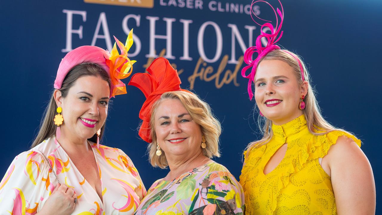 Gina Cassimatis, Lisa Brown and Michaela Turner-Reiter at the 2021 Darwin Cup Carnival Bridge Toyota Ladies’ Day. Picture: Che Chorley